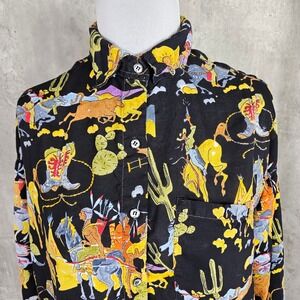 Vintage Womens Western Cowboy Natives Print Button Up Shirt‎ Long Sleeve Novelty